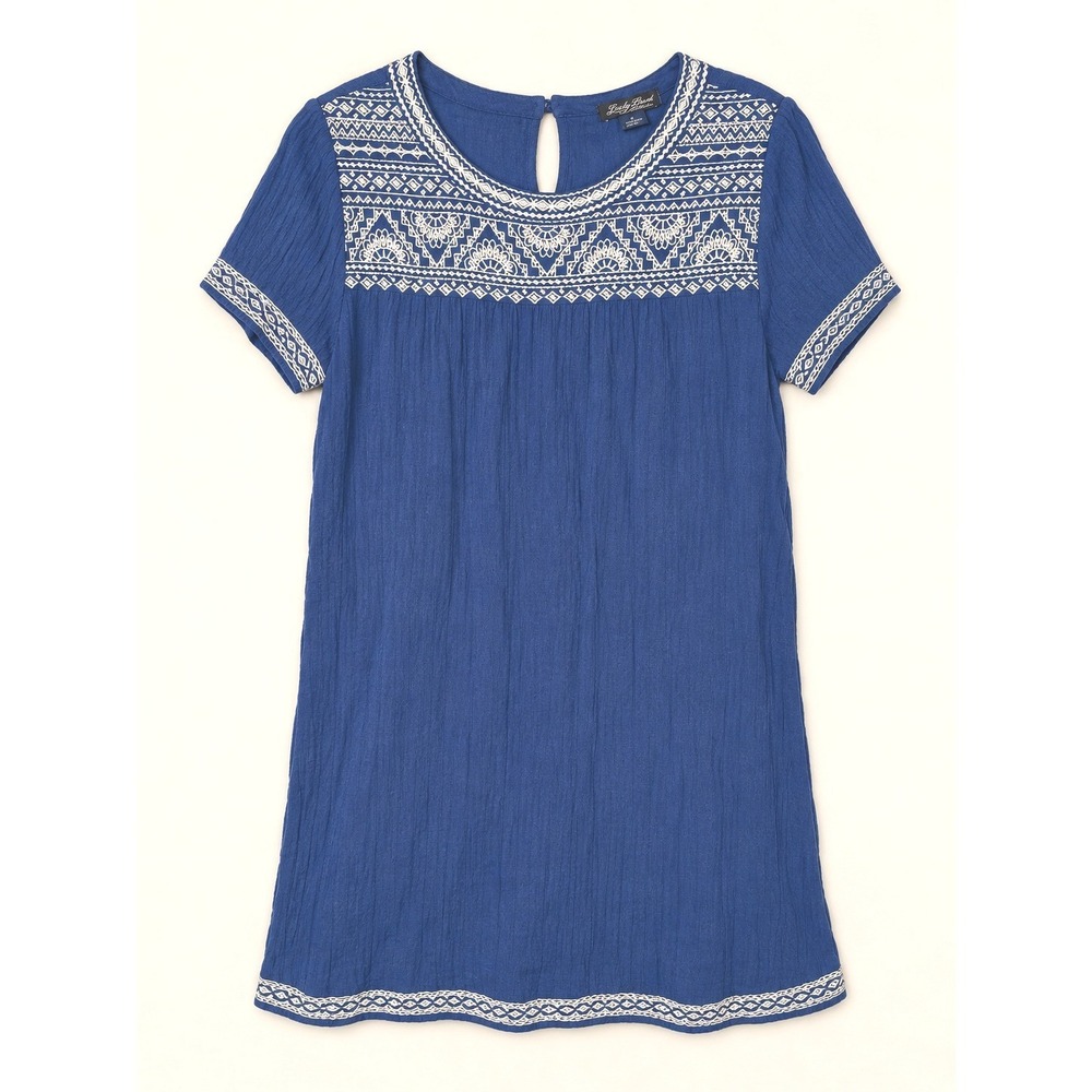 Lucky Brand Blue Embroidered Boho Tunic Top Short Sleeve Crinkle Viscose Large